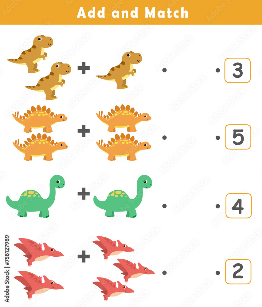 Preschool addition worksheet with cute dino illustration. Math Activities for Kids. Math activities for toddlers to practice early math concepts.