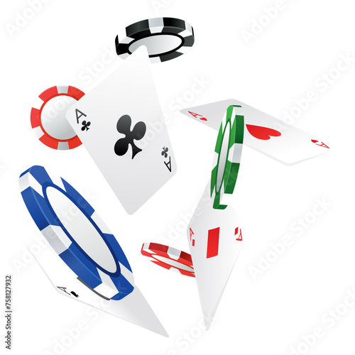 Playing card and chips poker game elements in 3D realistic design set. Vector aces hearts and spades, clubs and diamonds. Leisure hobby entertainment gambling game objects, red and black suits