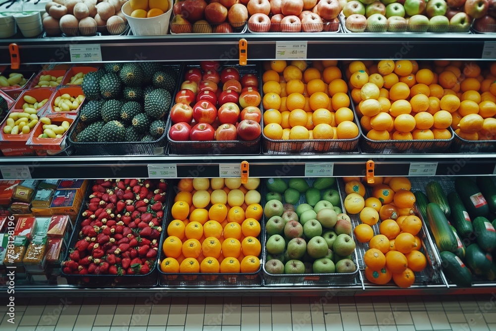Shelves with vegetables and fruits in a shopping supermarket, grocery store