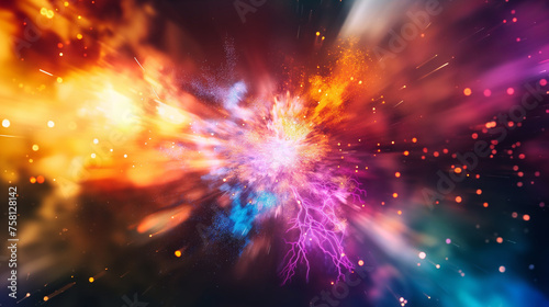 Explosive collision of particles at a subatomic level, capturing the moment of impact in vivid colors, Particle, Research, with copy space