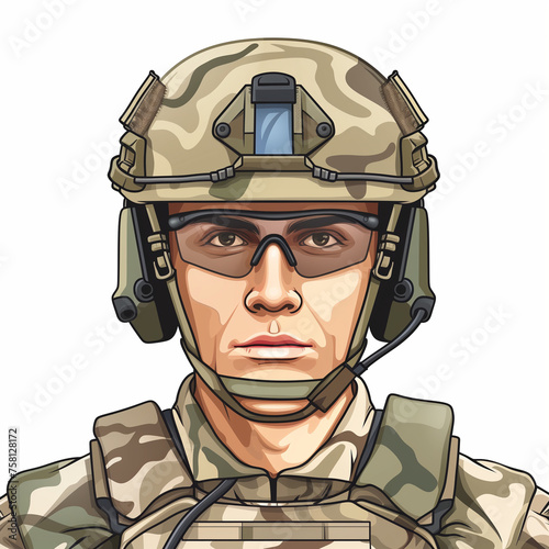 Cartoon style avatar illustration portrait of a male soldier wearing a helmet and tactical gear photo