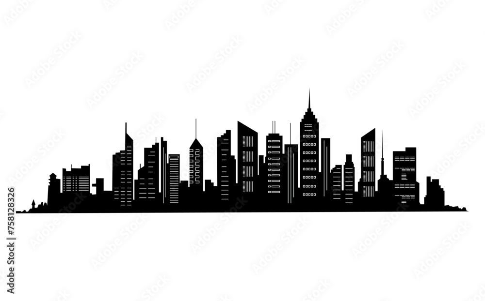 Black cities silhouette collection. Horizontal skyline set in flat style isolated on white. Cityscape with windows, urban panorama of night town.