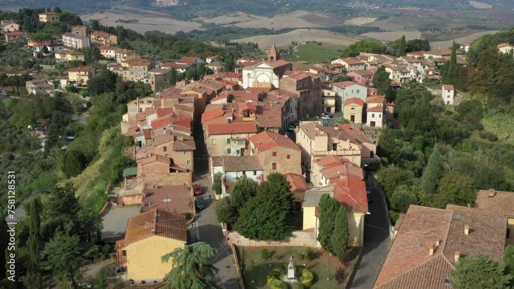 Beautiful drone view of the historical city center of Terricciola a medieval town in the province of Pisa Tuscany, central Italy, in a nice sunny spring day with clear sky. Beautiful drone view of the historical city center of Terricciola a medieval town in the province of Pisa Tuscany, central Italy, in a nice sunny spring day with clear sky.