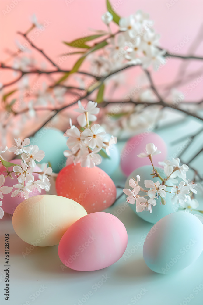 Easter eggs and spring flowers on pastel pink and blue background