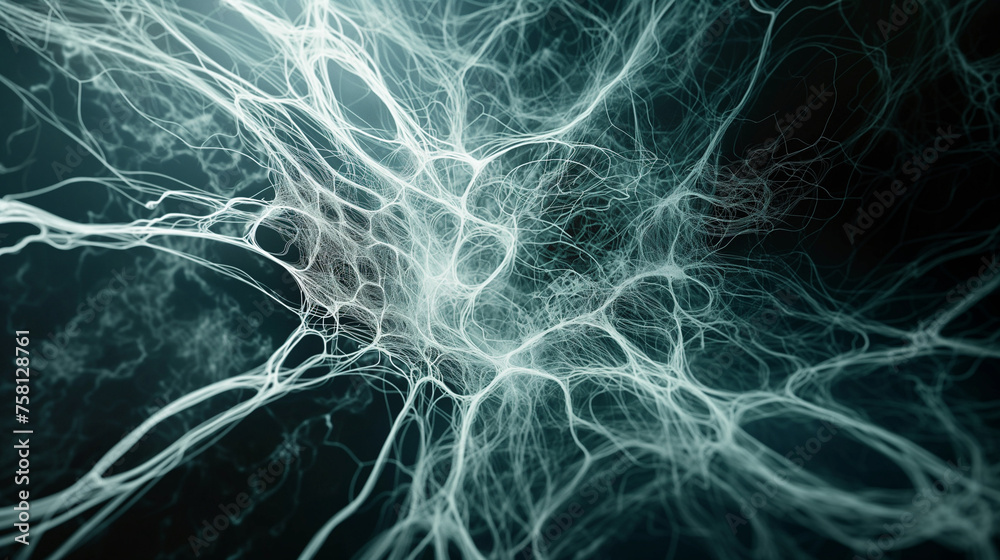 Fototapeta premium Quantum entanglement depicted with particles connected by chaotic, abstract lines, visualizing the spooky action at a distance, Particle, Research, with copy space