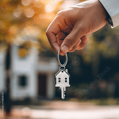 mano de hombre blanco en primer plano sujetando una llave de una propiedad. Mano sujetando llave para negocio inmobiliario de venta de casa o hipoteca photo