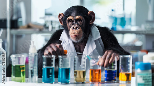 Chimpanzé cientista de jaleco no laboratório  photo