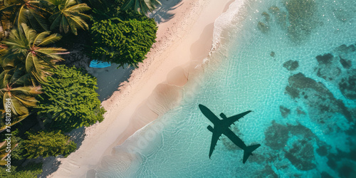 An aerial view shadow airplane flying over the beach, traveling summer vacation,banner