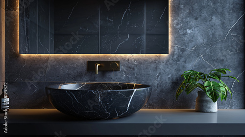 Black bathroom interior design, black marble washbasin sink in modern luxury washroom.