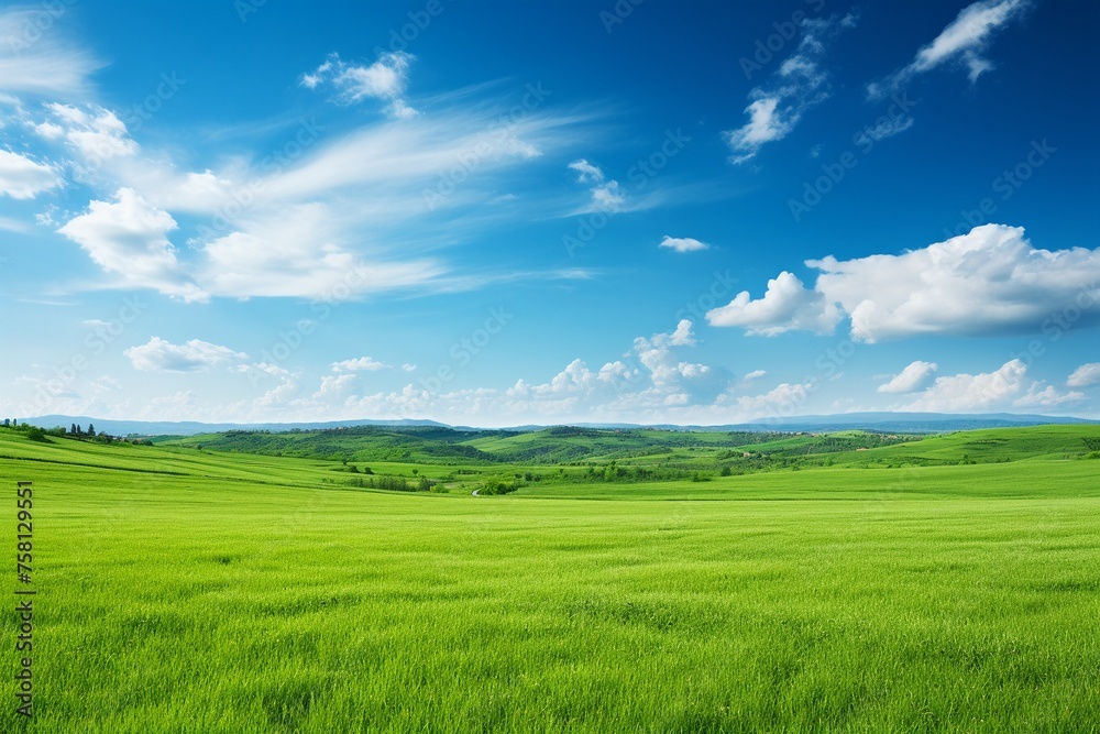 A long road leading to the horizon surrounded by green grass and blue sky. The yellow line on both sides of the asphalt is clearly visible. In front there is an endless field with undulating hills. 