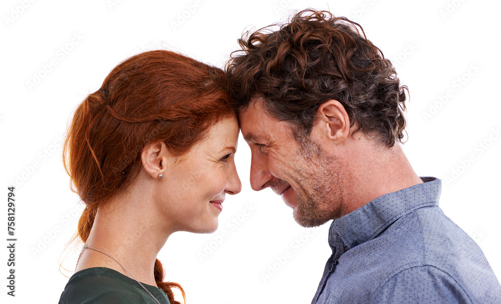 Couple, forehead touch and love in studio, romance and smile for relationship on white background. Happy people, commitment and trust in security of marriage, bonding and affection for anniversary Couple, forehead touch and love in studio, romance and smile for relationship on white background. Happy people, commitment and trust in security of marriage, bonding and affection for anniversary