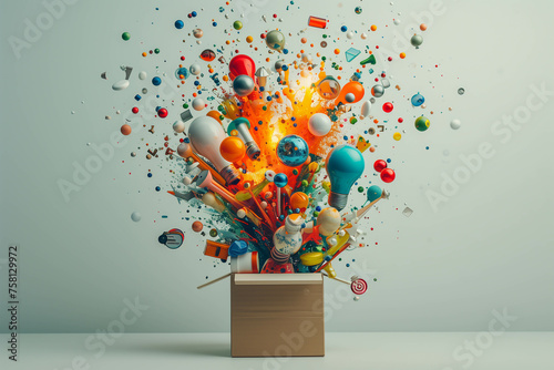 A gift box with many things bursting forth, bursting out new ideas, new thoughts and so on. photo