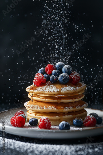 Flying pancakes with honey and blueberries. Black background