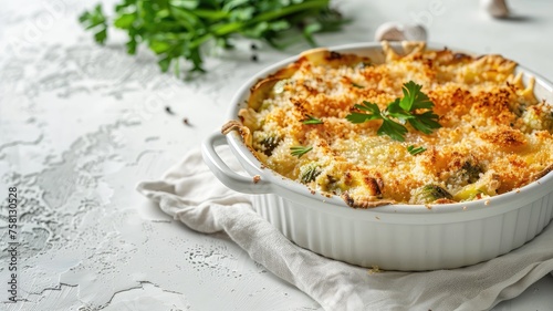 Brussels sprout gratin, showcasing the creamy sauce infused with garlic, topped with a crispy breadcrumb and cheese crust, on a white rustic kitchen table with ample space for text.