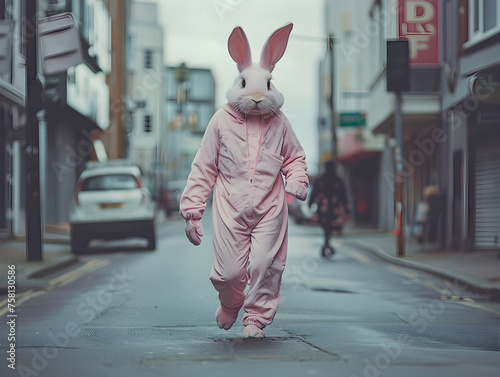 Easter bunny in a pink jumpsuit running on the street.