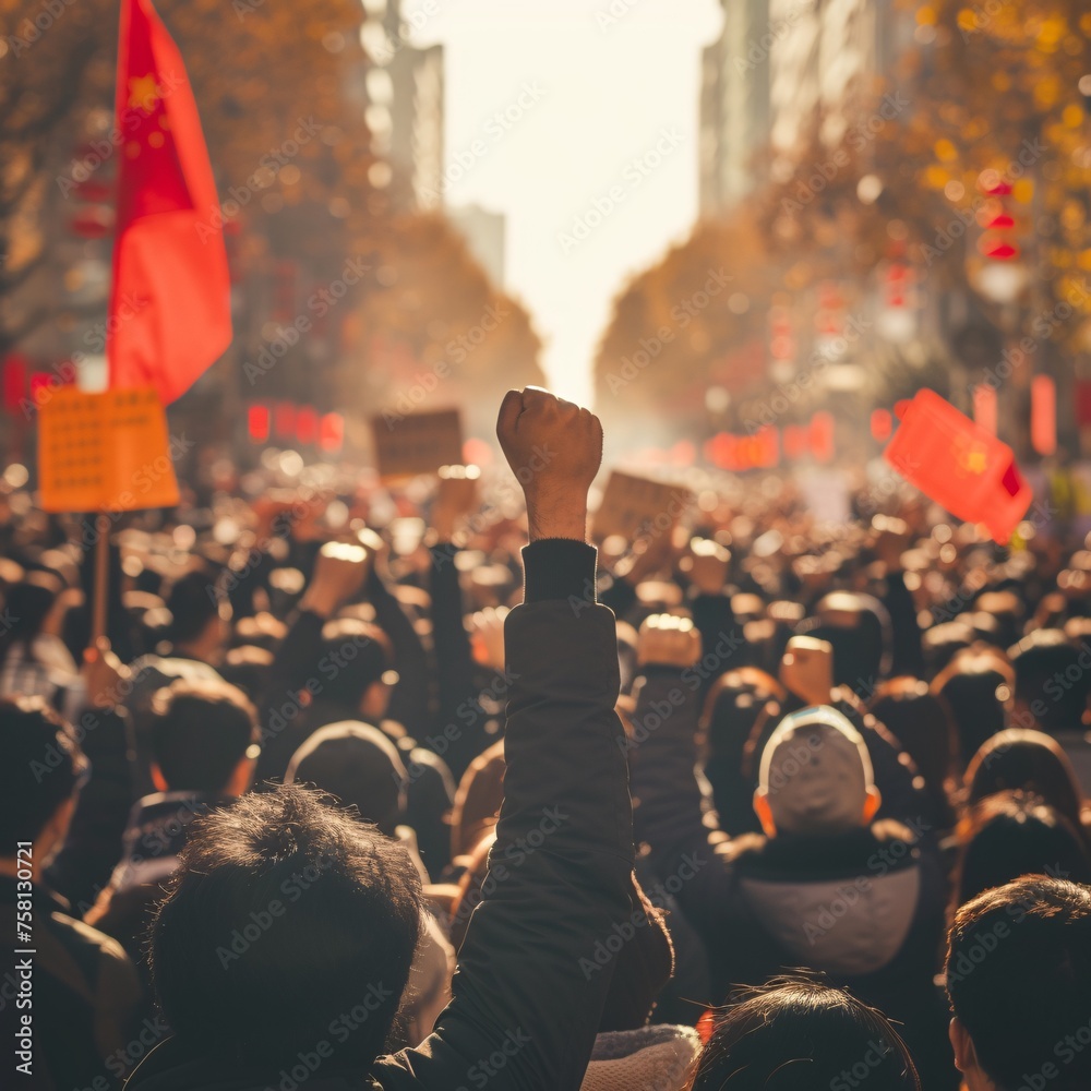 A diverse crowd raises fists in solidarity, united in protest - obrazy, fototapety, plakaty 
