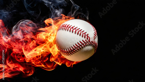 Burning baseball ball in the air. Hot orange flame. Professional active sport. Black background.