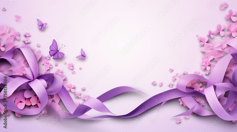 White background with purple ribbons and butterflies. Banner with copyspace.