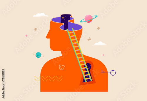 Surreal, Psychology, Dream, Mental Health concept illustration. Brain, neuroscience and creative mind poster, cover. Contemporary art background and shapes