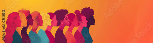 Happy international women's day concept, 8th March 2024 greeting card - Painting silhouette of beautiful black african women in their diversity, isolated on orange background banner panorama