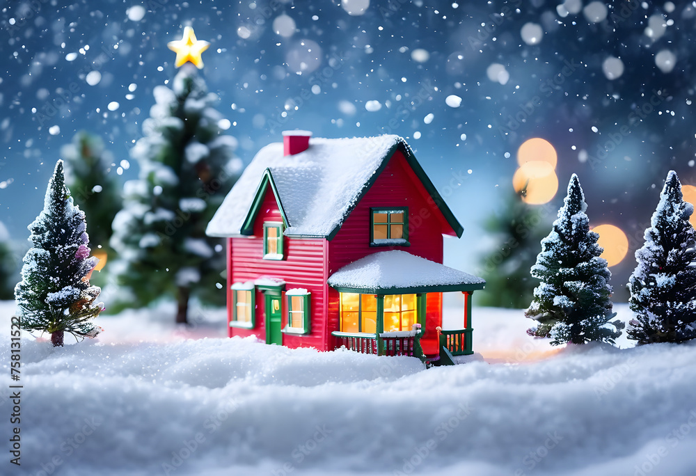 Tiny beautiful toy christmas house with christmas trees on a snowy surface with snowfall against a bekeh blurred lighting background