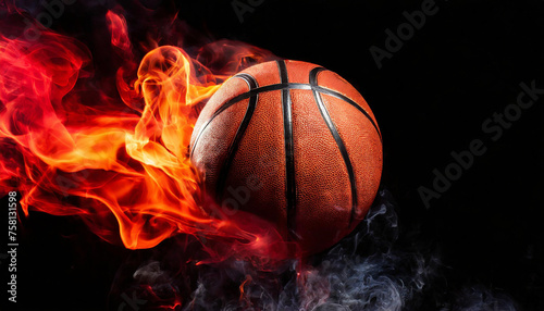 Burning basketball ball with smoke in the air. Hot orange flame. Active sport. Black background. © hardvicore