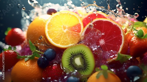 Water splash with fruits and berries. 3d rendering, 3d illustration.