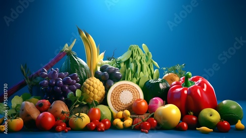 Fruits and vegetables. Healthy food background. 3d illustration.