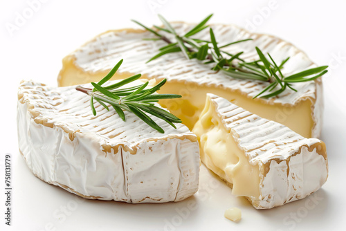 Halved Camembert cheese on white background