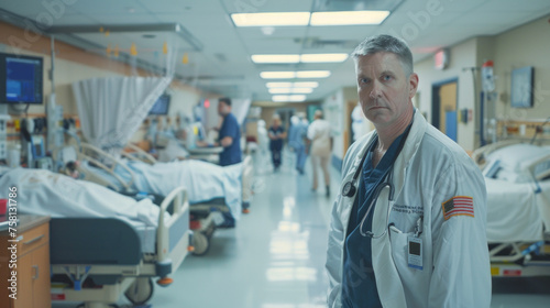 An experienced male doctor stands with a stethoscope in a busy hospital corridor, reflecting the gravity of healthcare work
