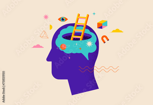 Surreal, Psychology, Dream, Mental Health concept illustration. Brain, neuroscience and creative mind poster, cover. Contemporary art background and shapes