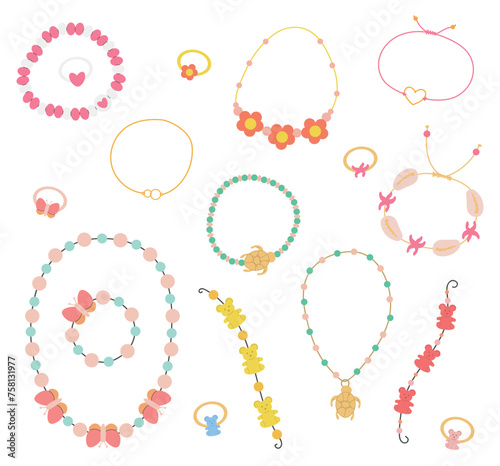Vector set of cute bracelets, rings and necklaces, cartoon jewelry set for girls in flat style