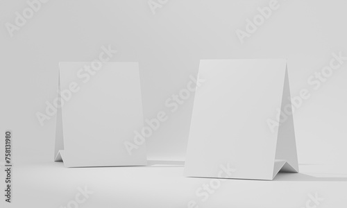 3d render Mock up blank white Table Tent isolated on white background. template for designers design presentation, showcase etc, Paper vertical card, copy space for your logo or graphic design.
