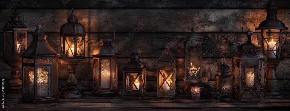 fantasy medieval lamps and lanterns, from dark metal and emanating warm candlelight, showcasing intriguing shapes as they sit atop a wooden table, transporting viewers to a realm of enchantment.