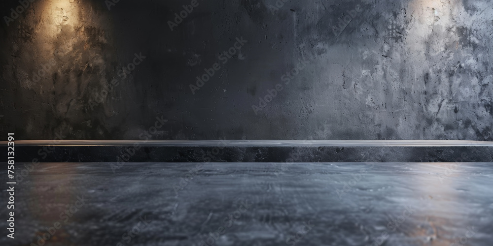Empty dark wooden table on black wall background with sunlight, product display presentation and banner design template, black concrete table top on black background, empty black stone podium Empty dark wooden table on black wall background with sunlight, product display presentation and banner design template, black concrete table top on black background, empty black stone podium