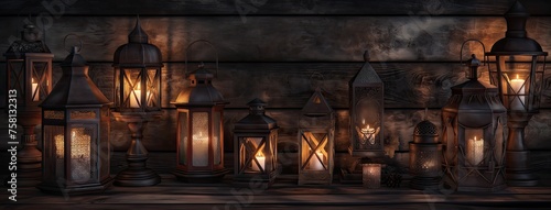 fantasy medieval lamps and lanterns, from dark metal and emanating warm candlelight, showcasing intriguing shapes as they sit atop a wooden table, transporting viewers to a realm of enchantment.