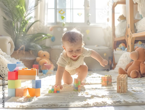 Joyful Baby s Precise Block Placement in Sunlit Indoor Playroom