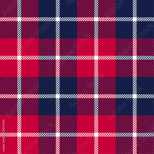 Red, navy blue and white color striped lines tartan check seamless plaid pattern background for textile design, napkin, handkerchief, blanket, cover, tablecloth. Vector illustration.