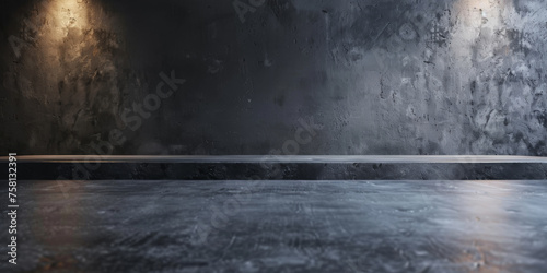 Empty dark wooden table on black wall background with sunlight, product display presentation and banner design template, black concrete table top on black background, empty black stone podium