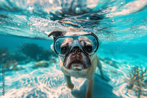 Cute pug dog wearing diving goggles underwater in a clear blue water. Generative AI