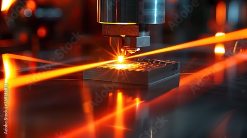 the laser beam cuts through a bar of steel.