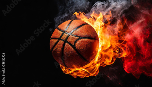 Burning basketball ball with smoke. Hot orange flame. Professional active sport. Black background.