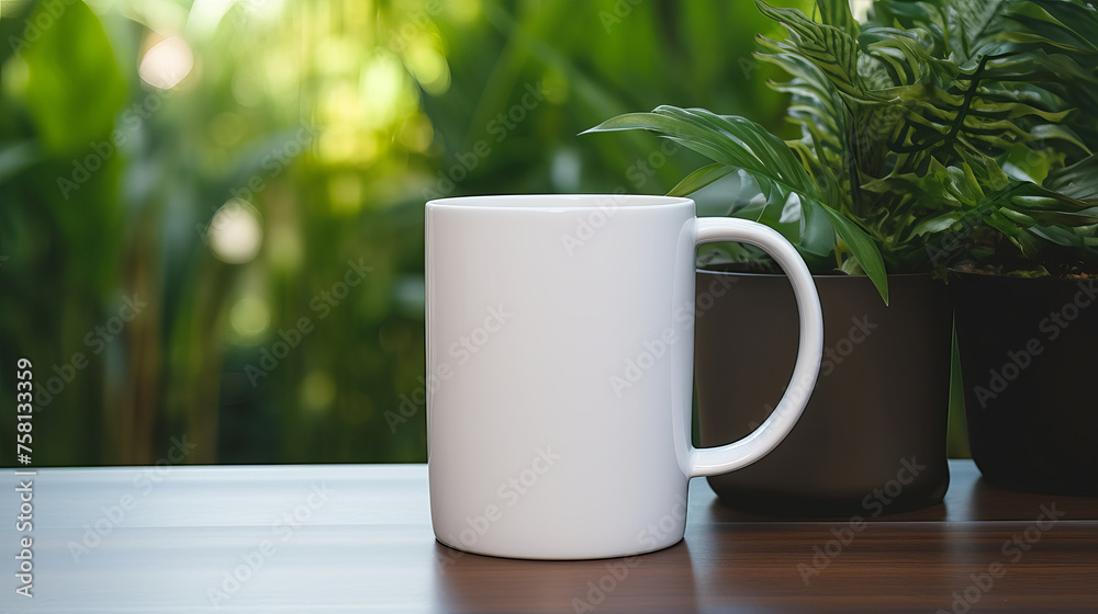 A white coffee mug on a table next to a plant. A white coffee mug on a table next to a plant.