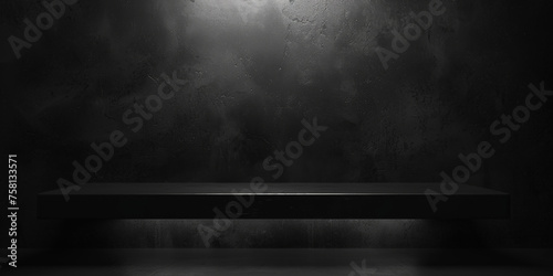 Empty dark wooden table on black wall background with sunlight, product display presentation and banner design template, black concrete table top on black background, empty black stone podium