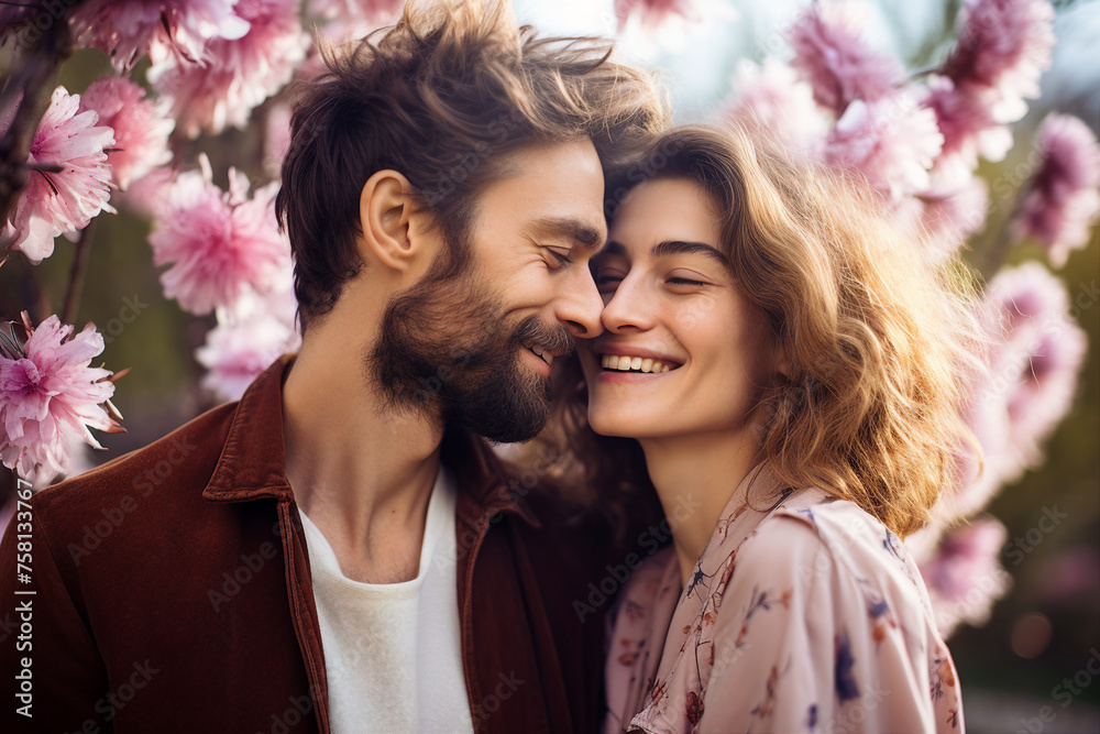 Obraz premium Creative Generative AI technology picture of happy people surrounded by spring blossom enjoying great day