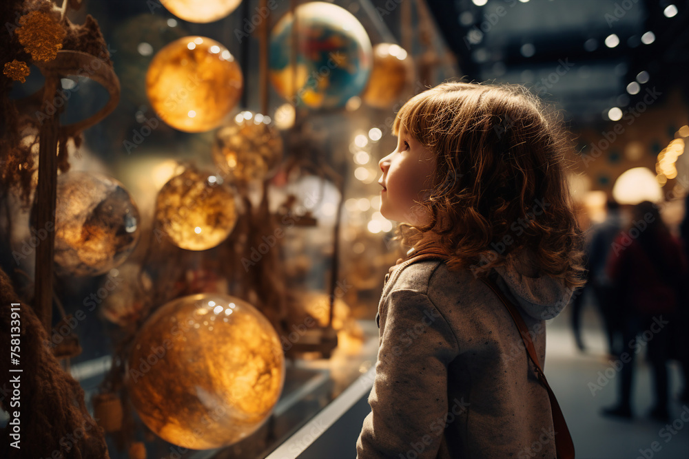 Naklejka premium Young child looking at starfield learning space and technology generative AI