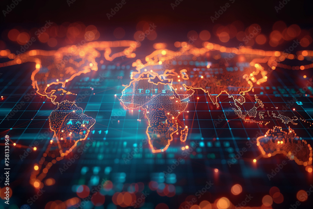 Global Connectivity: Abstract World Map Symbolizing International Data Transfer, Cyber Technology, and Worldwide Business Network - obrazy, fototapety, plakaty 