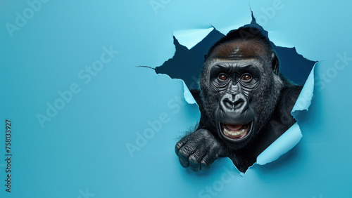 An intense image of a feral gorilla fiercely tearing through a paper barrier, symbolizes raw power