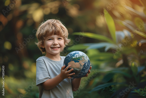 Boy holding a globe in the garden, Earth Day