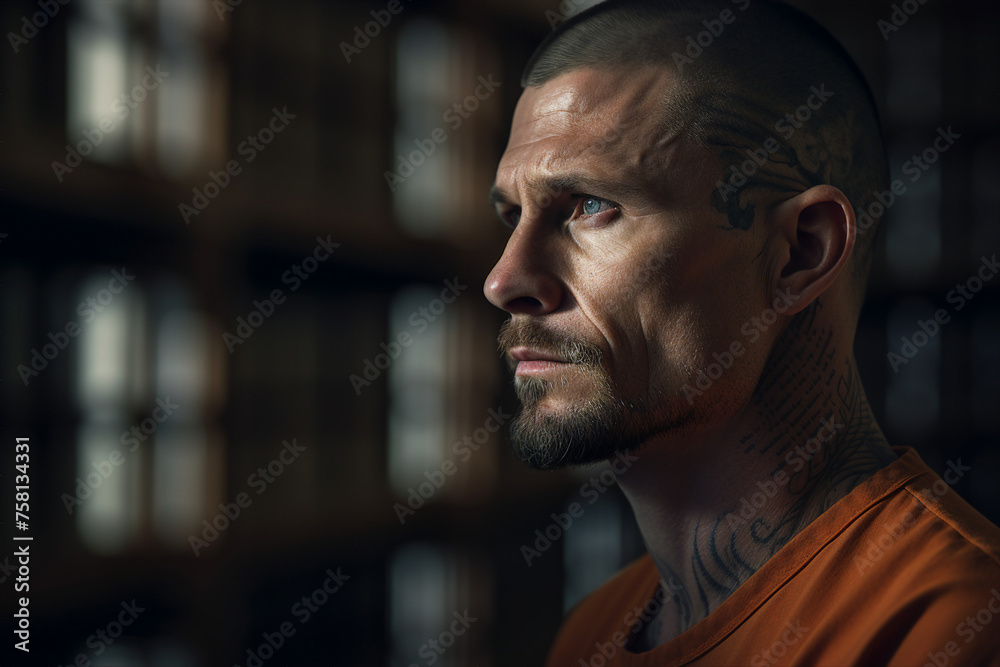 Criminals jailed in prison in orange uniform behind metal bars Generative AI realistic 3D picture Criminals jailed in prison in orange uniform behind metal bars Generative AI realistic 3D picture